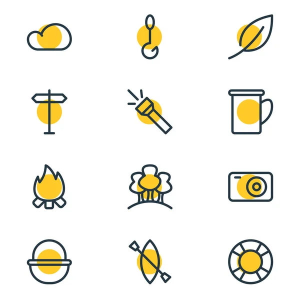 Vektor illustration av 12 läger ikoner linje stil. Redigerbar uppsättning av blad, skog, livboj och andra ikonelement. — Stock vektor