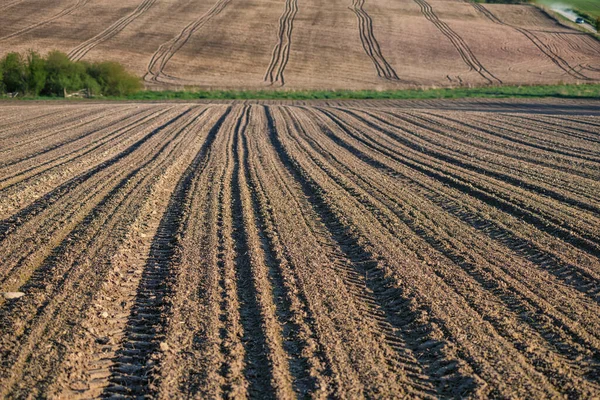 Campo Arado Com Traços Trator Primavera Fundo Solo Agrícola — Fotografia de Stock