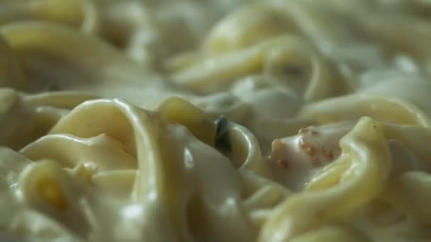 Närbild carbonara pasta stekt i en skillet i en krämig sås — Stockvideo