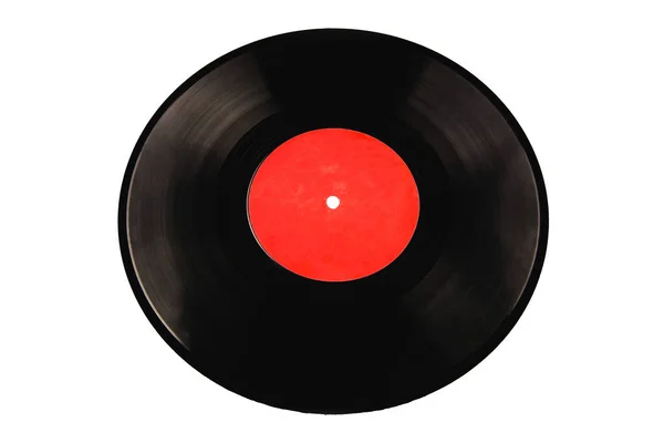 Disque vinyle avec étiquette rouge sur fond blanc — Photo