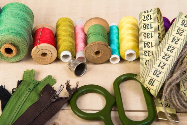 Photo of sewing accessories, spools, scissors — Stock Photo, Image