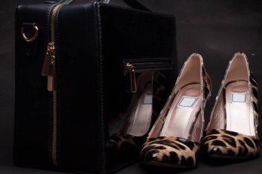 Pair of women shoes and handbag on black background,animal skins clipart