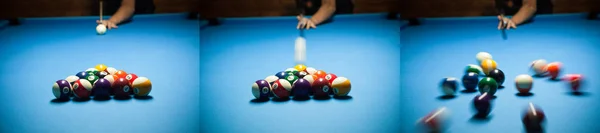 Blå biljardbord med färgglada bollar, början av spelet, långsam — Stockfoto