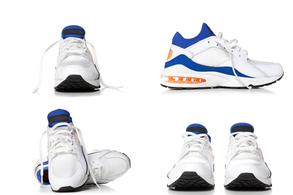 Zapatos para correr, zapatos deportivos azules y blancos aislados en la espalda blanca —  Fotos de Stock