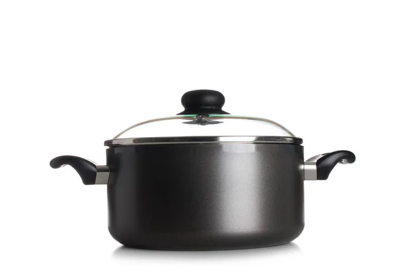 Cam kapak üzerinde beyaz bir backg izole aç ile paslanmaz pan