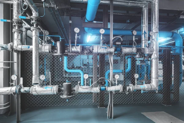 Gasleitung Mit Druckmessern Modernem Industriekesselraum Installiert — Stockfoto