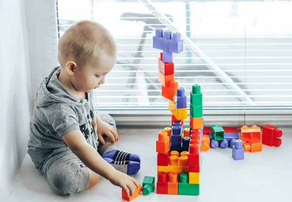 Дитячий ігровий конструкторМаленька дитина грає з великою кількістю барвистих пластикових блоків конструктора біля вікна — стокове фото