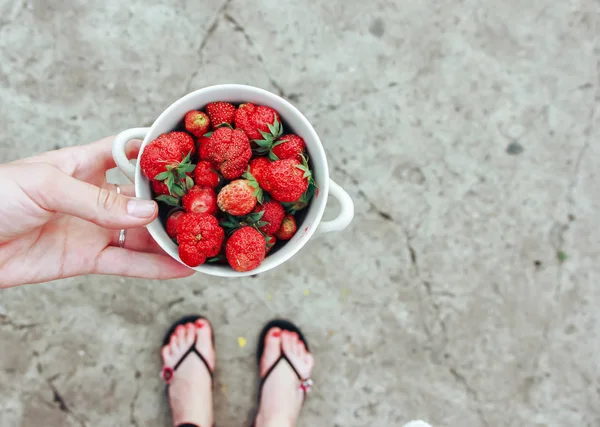 Mujer sostiene en la mano tazón de madera de fresas frescas sobre fondo gris —  Fotos de Stock