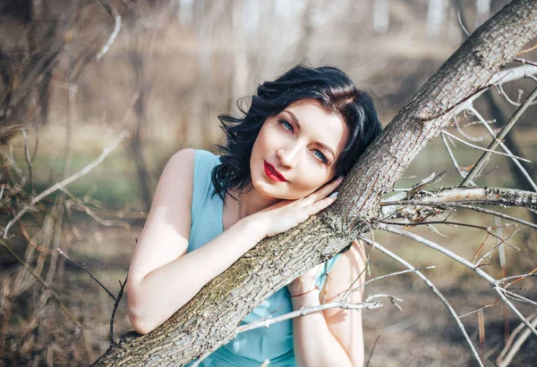 Chica morena en vestido azul en el bosque —  Fotos de Stock