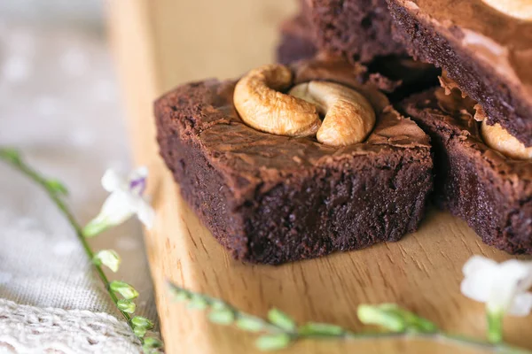 Fresh Baked Dark Chocolate Fudge Brownies Topping Cashew Nut Stacked — Stock Photo, Image