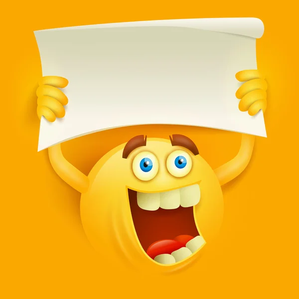 Happy smiley gele ronde gezicht met papieren banner in handen — Stockvector