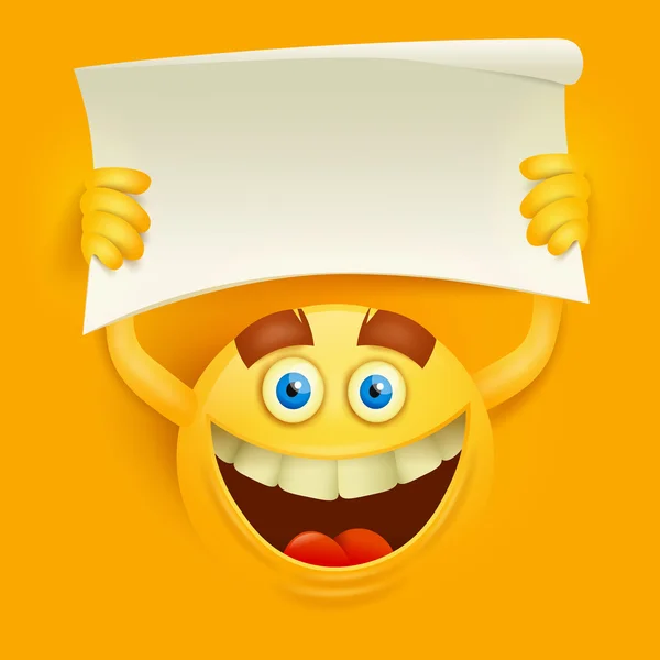 Happy smiley gele ronde gezicht met papieren banner in handen — Stockvector