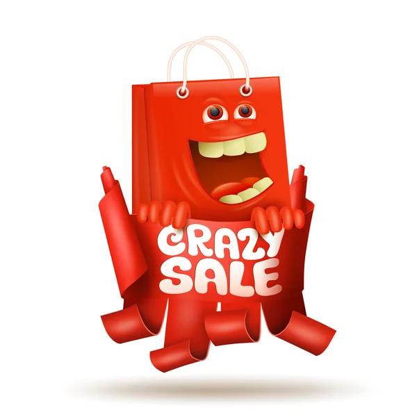 Gek verkoop concept kaart met grappige rode tas karakter — Stockvector