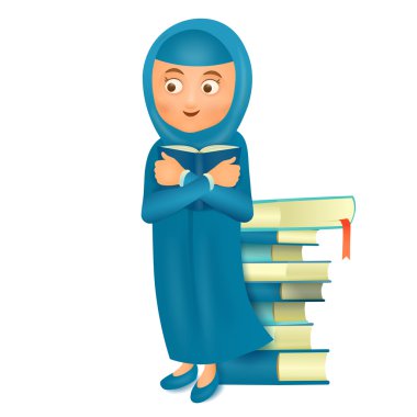 Müslüman kız holding kitap. Eğitim kavramı kartı