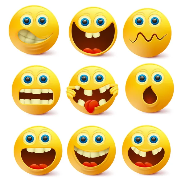 Sárga smiley arcok. Emoji karakter sablon — Stock Vector
