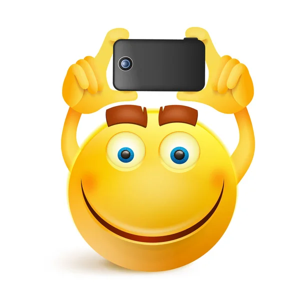 Yellow smiley face character with smart phone — Stock Vector