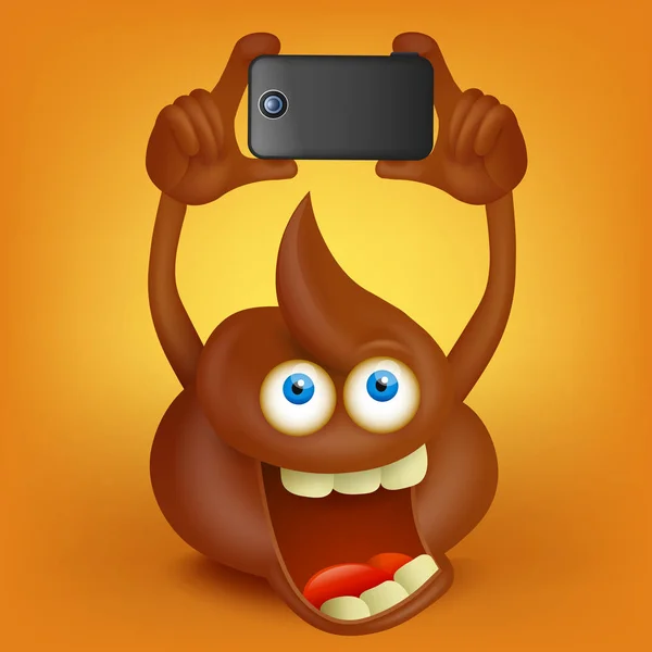 Divertente personaggio dei cartoni animati cacca facendo foto con smart phone — Vettoriale Stock