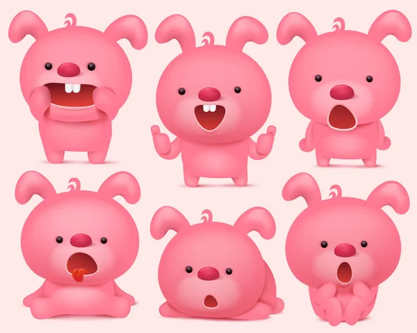 Personagens emoji coelho rosa definido com emoções diferentes — Vetor de Stock