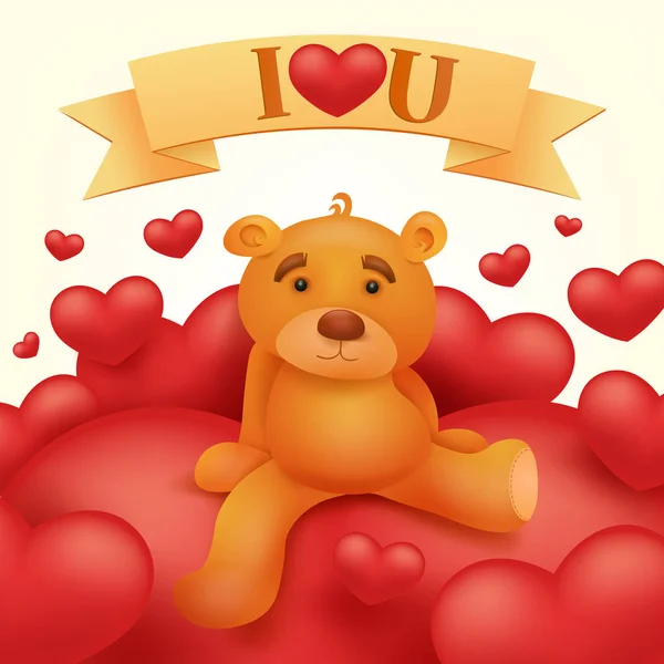 Teddy bear toy sitting on red heart. St Valentines day greeting card — Stock Vector