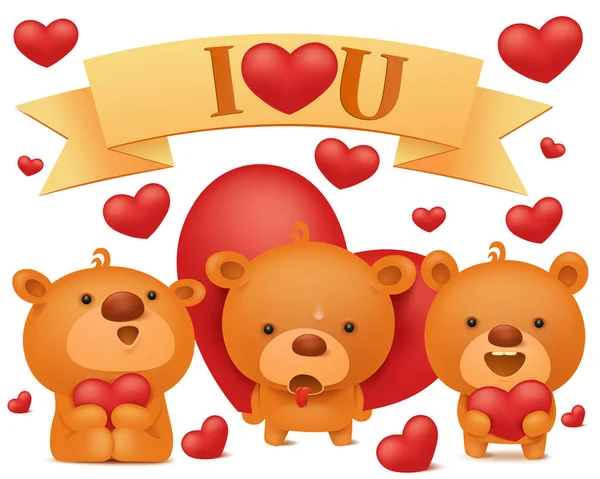 Teddybeer emoji tekenset met rode harten — Stockvector