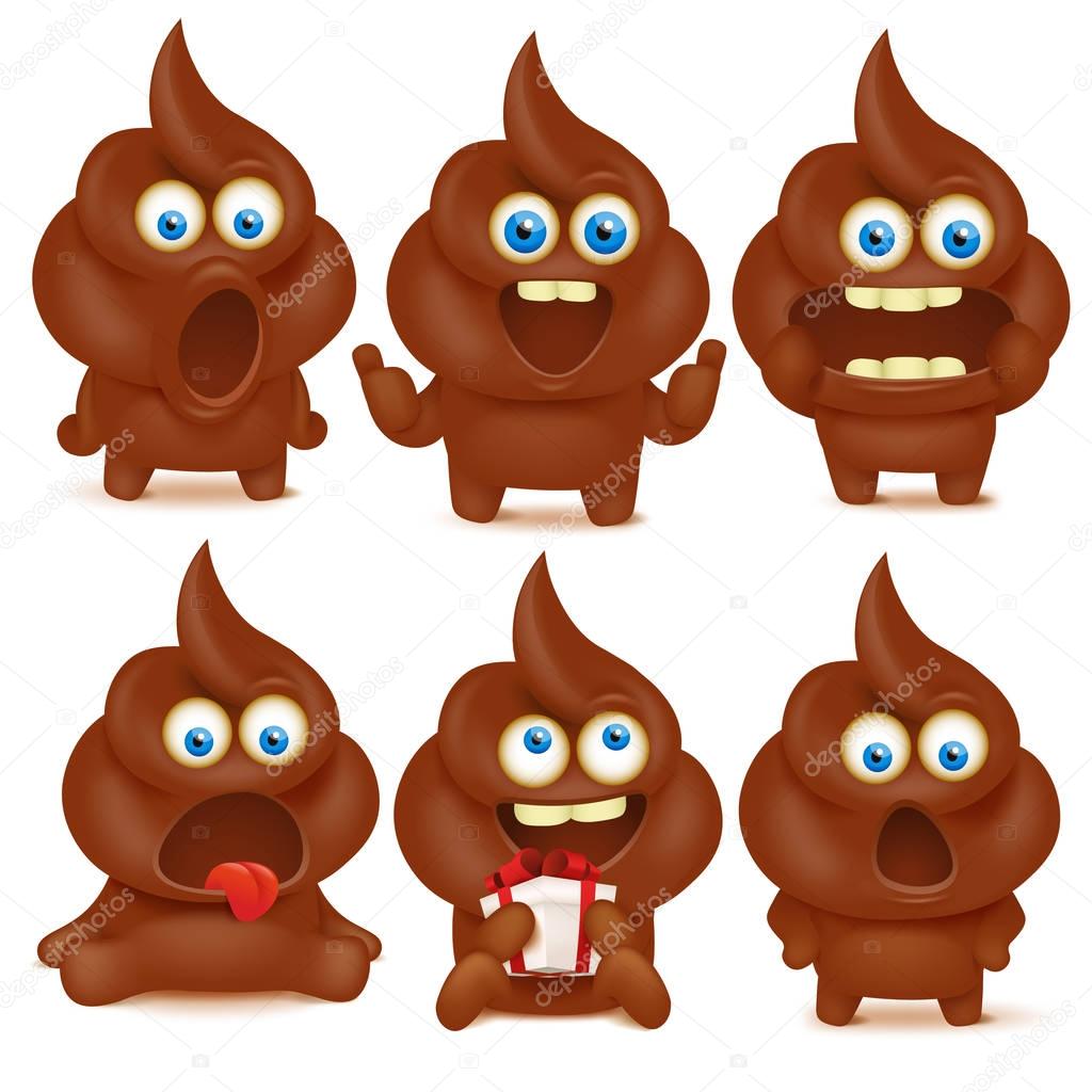 Set of cute poop emoji characters with different emotions.