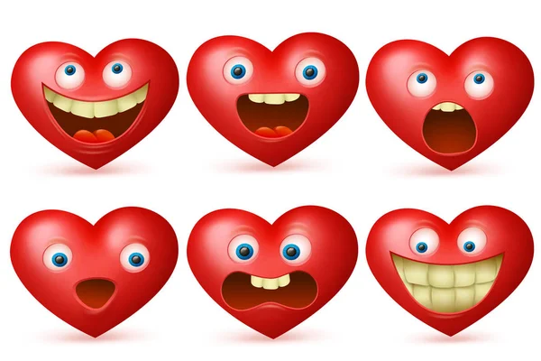 Divertente cartone animato rosso cuore personaggio emoji set — Vettoriale Stock