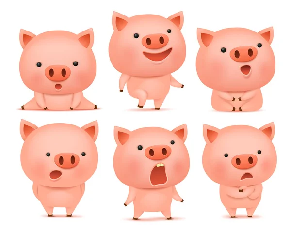 Collection de personnages amusants de cochon cmoticon dans différentes émotions — Image vectorielle