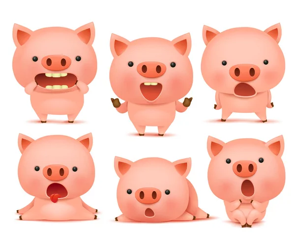 Komik domuz cmoticon karakterler farklı duygular içinde koleksiyonu — Stok Vektör