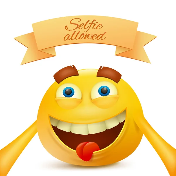 Emoji emoticono sonriente amarillo cara carácter haciendo selfie — Archivo Imágenes Vectoriales