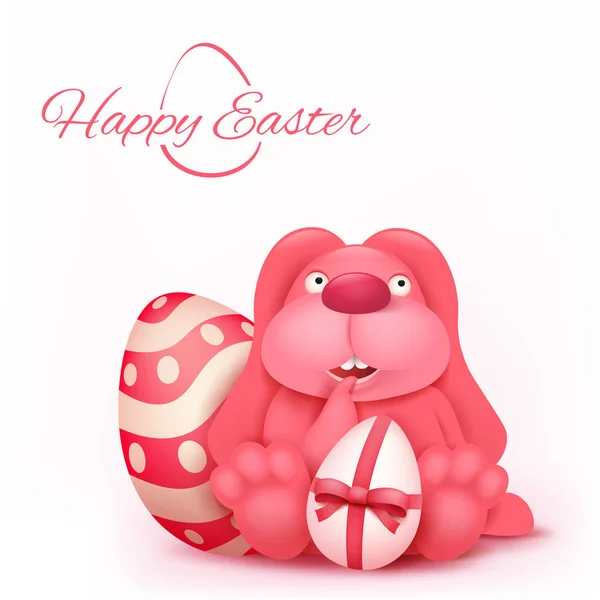 Pink thoughtful easter bunny character sitting near decorated egg — Stock Vector