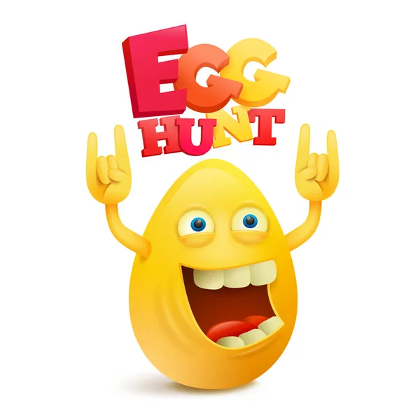 Personaje divertido emoji en forma de huevo amarillo. Logo de la caza del huevo — Vector de stock