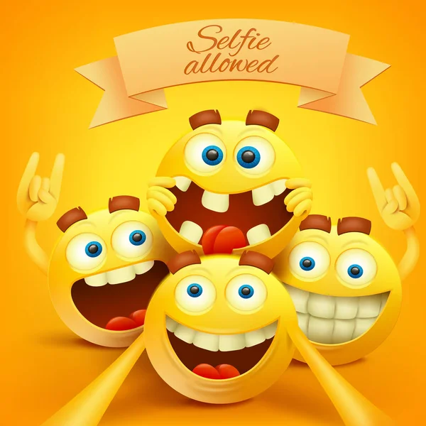 Amarillo emoji sonriente caras personajes haciendo selfie — Vector de stock