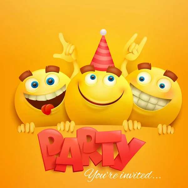 Caras amarillas sonrientes grupo emoticones personajes con Party tarjeta de invitación — Vector de stock