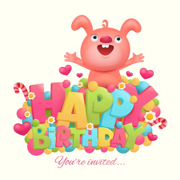 Happy birthday concept card title template with pink bunny. — Stock Vector