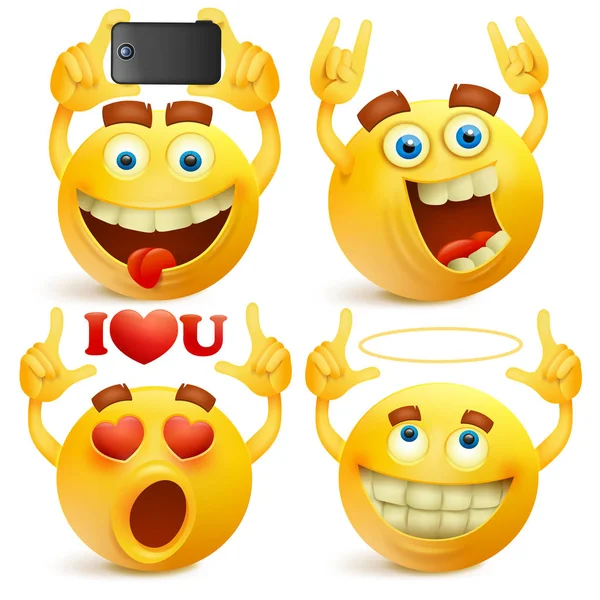 Emoji sarı gülen yüzler ayarla — Stok Vektör