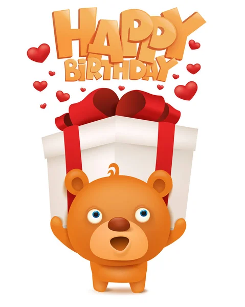 Brown funny emoji teddy bear with gift box. Happy birthday invitation card — Stock Vector
