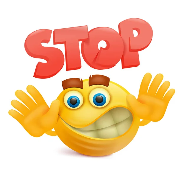 Gele glimlach gezicht emoji stripfiguur met stop gebaar — Stockvector