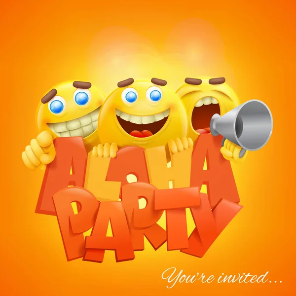 Plantilla de banner de fiesta Aloha con personajes de caras sonrientes emoji amarillas — Vector de stock