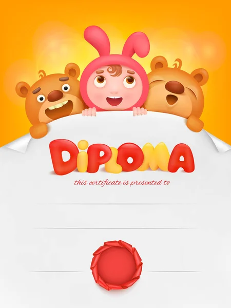 Diploma template certificate with pupil girl and teddy bear — Stock Vector