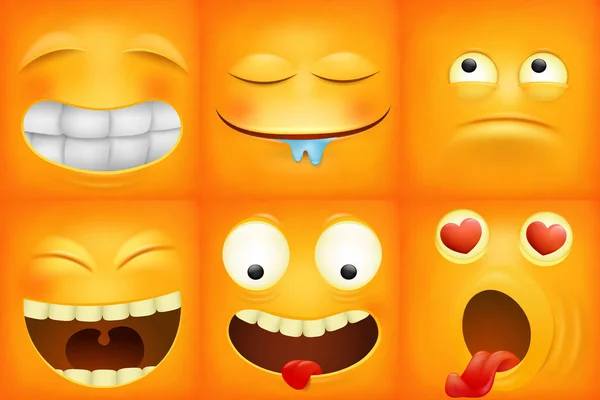 Conjunto de iconos cuadrados emoticones de dibujos animados amarillos — Vector de stock