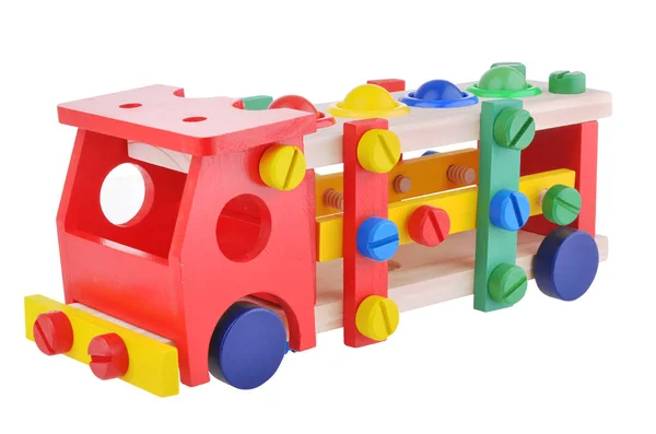 Houten speelgoed brandweerwagen auto geïsoleerd op witte achtergrond — Stockfoto