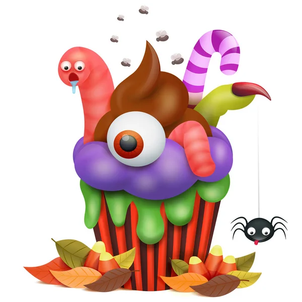Cupcake d'Halloween avec ver et personnage de dessin animé d'araignée — Image vectorielle