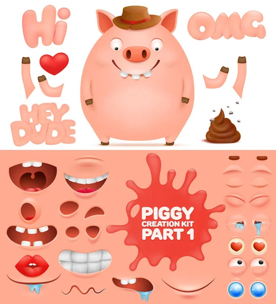 Kit de criação de personagem de porco emoticon desenhos animados — Vetor de Stock