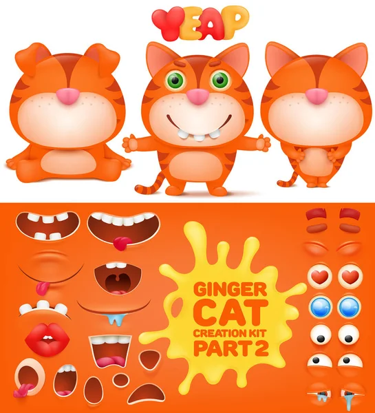 Creation kit of ginger emoticon funny cat. — Stock Vector