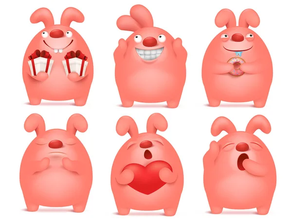 Roze bunny cartoon emoticon tekenset in verschillende situaties — Stockvector