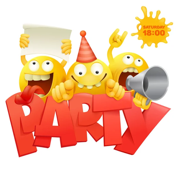 Κίτρινο smiley αντιμετωπίζει ομάδα φατσούλα χαρακτήρες με κάρτα πρόσκληση κόμμα — Διανυσματικό Αρχείο