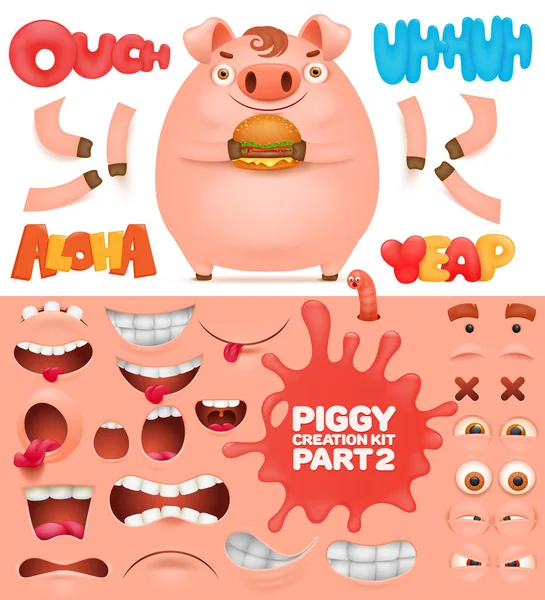 Creation kit of cartoon emoticon pig character — Stock Vector