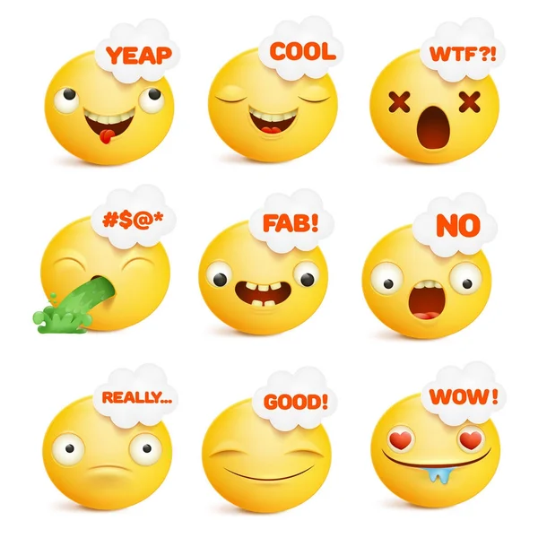 Ensemble de smiley jaune visage émoticône personnages dans diverses émotions — Image vectorielle