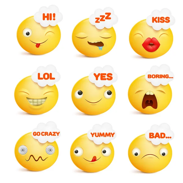 Set of yellow smiley face emoticon characters in various emotions — Stock Vector