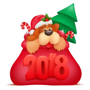 Yeni yıl davetiye kartı şablonu köpek çizgi film karakteri santaclaus torba ile